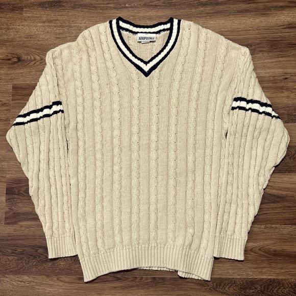 Mens small vintage y2k Aeropostale cable v-neck sweater pullover cream stripe - Picture 2 of 6